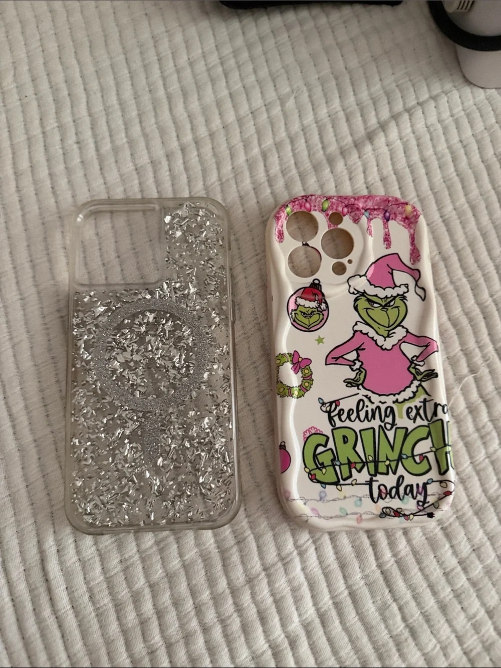 Phone Case Set - Silver Glitter Clear/Pink Grinch Case iPhone 14 Pro Max
